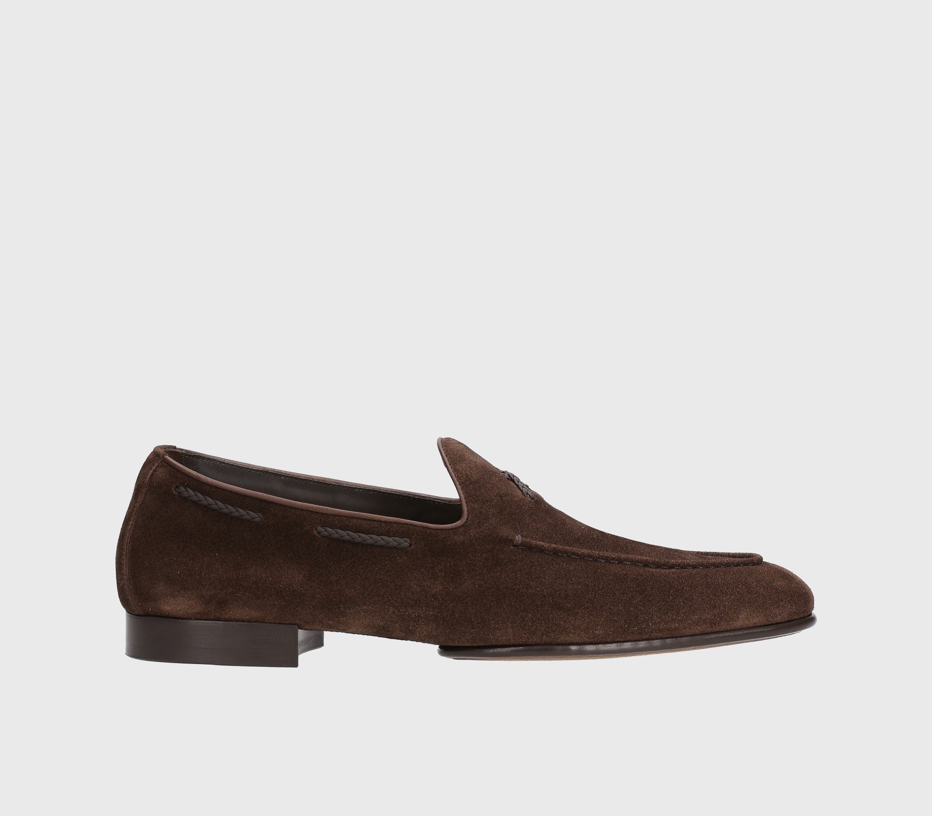 Brown suede loafer with braided lacing