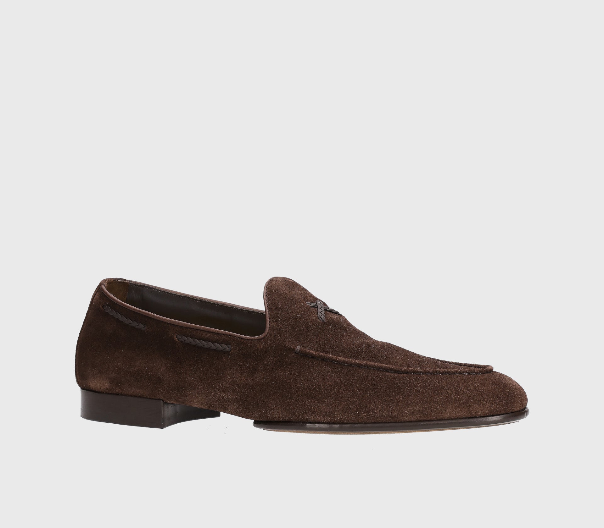 Brown suede loafer with braided lacing
