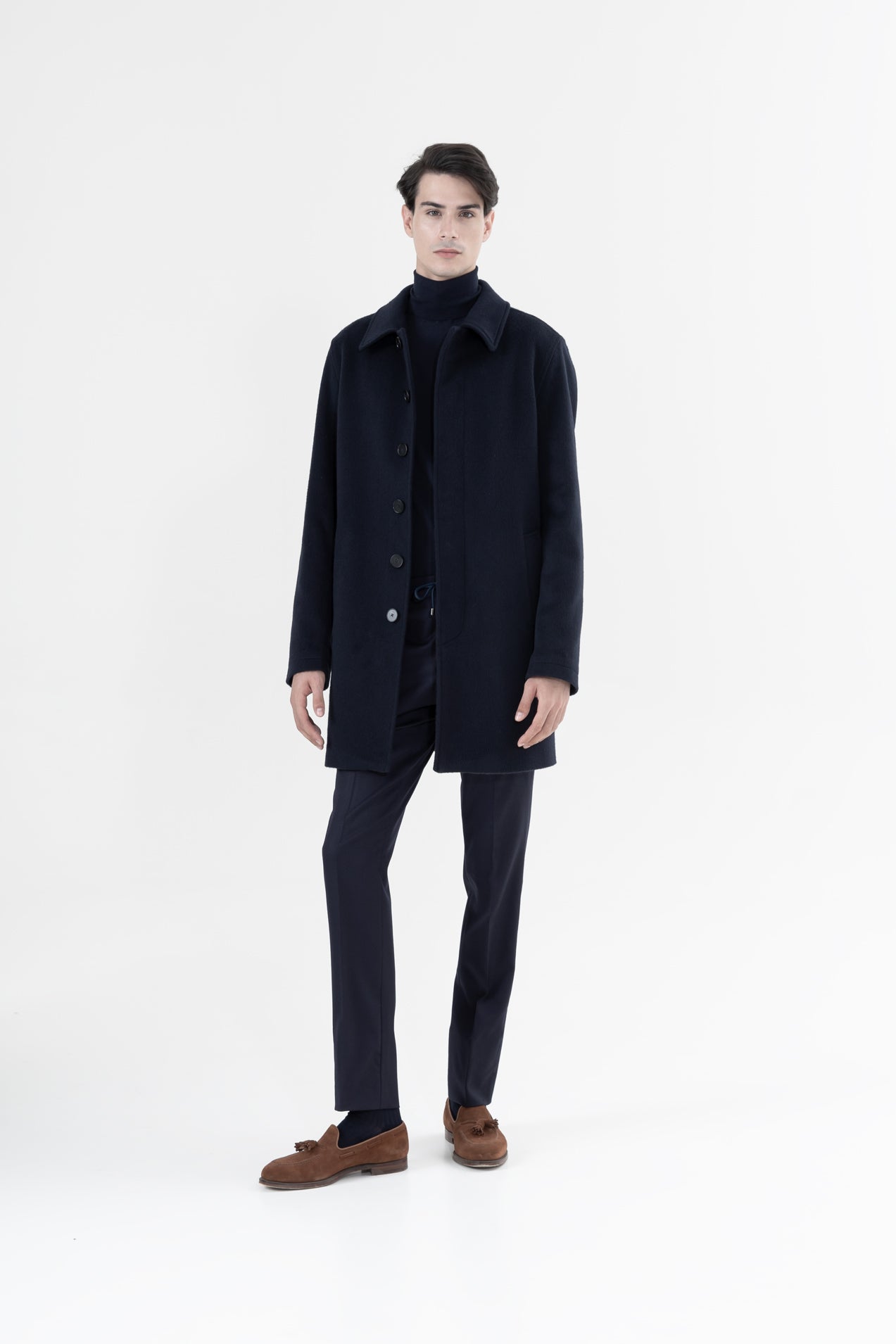 PURE NEW WOOL AND CASHMERE OVERCOAT NAVY