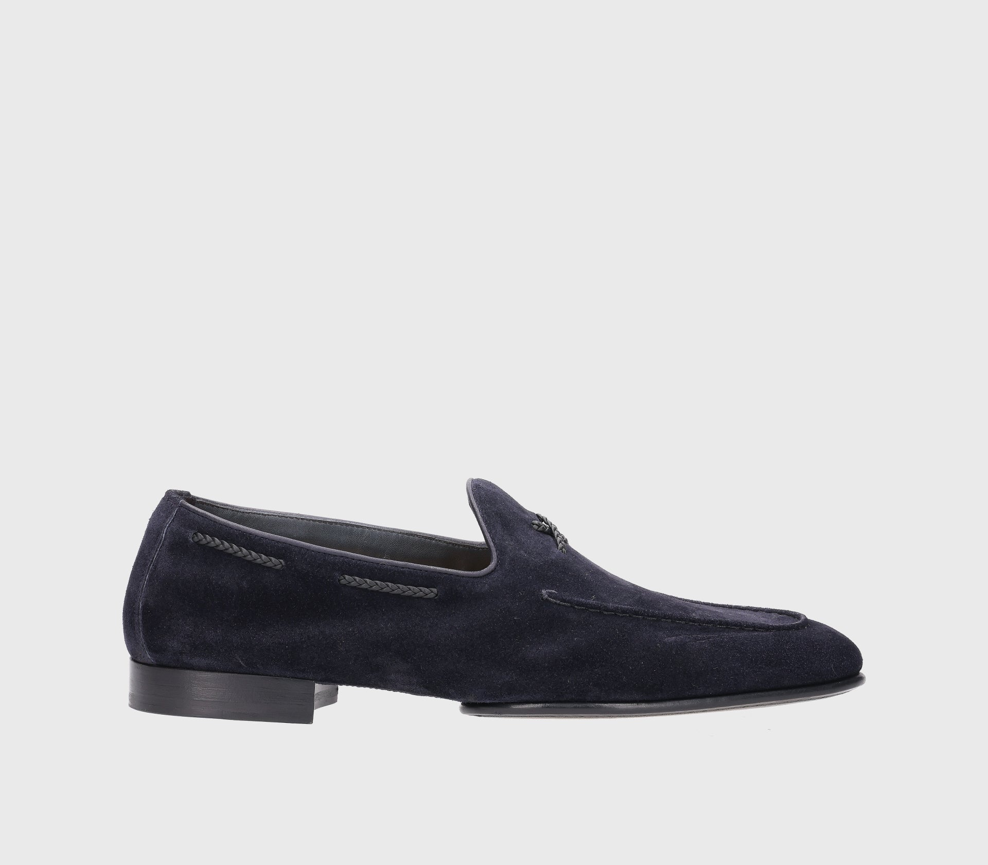 Blue suede loafer with braided lacing