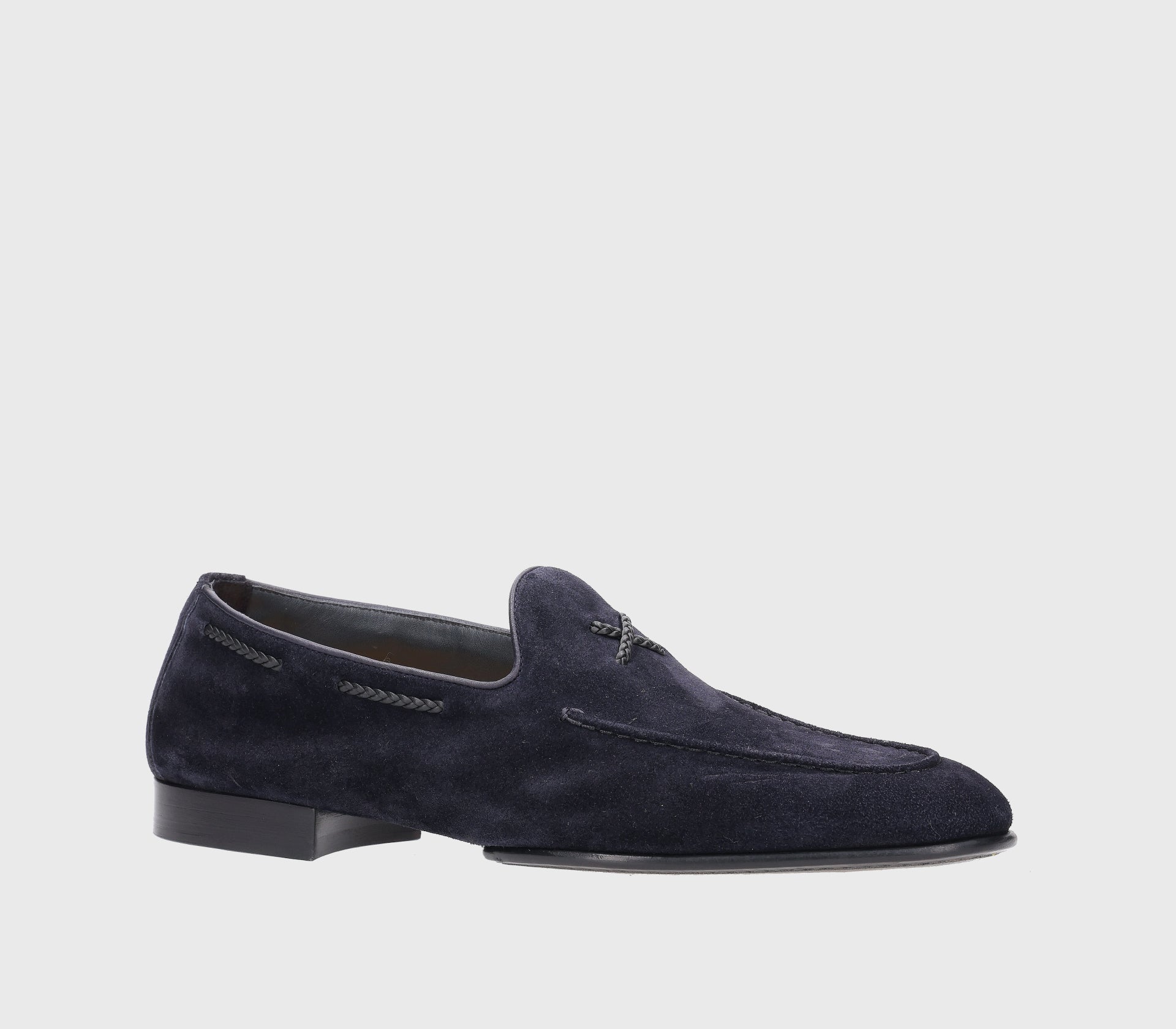 Blue suede loafer with braided lacing
