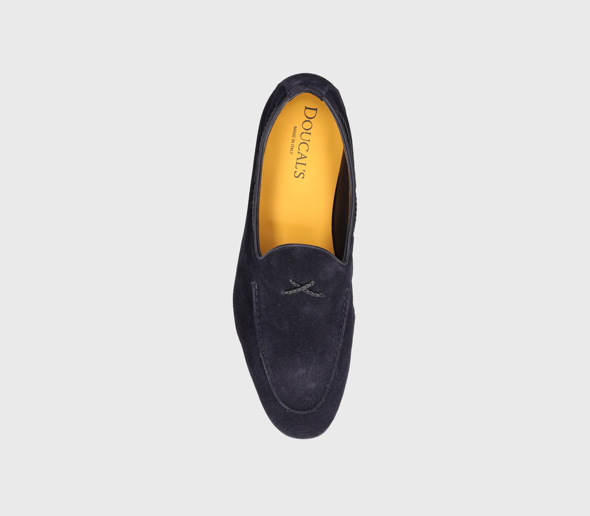 Blue suede loafer with braided lacing